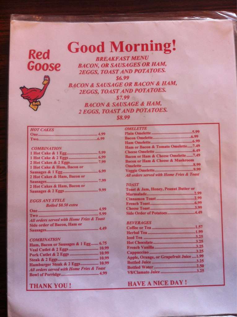 Red Goose Menu, Menu for Red Goose, Argyll & Industrial, Edmonton