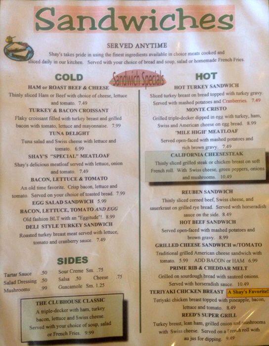 Menu at Shay's Restaurant, Shoreline