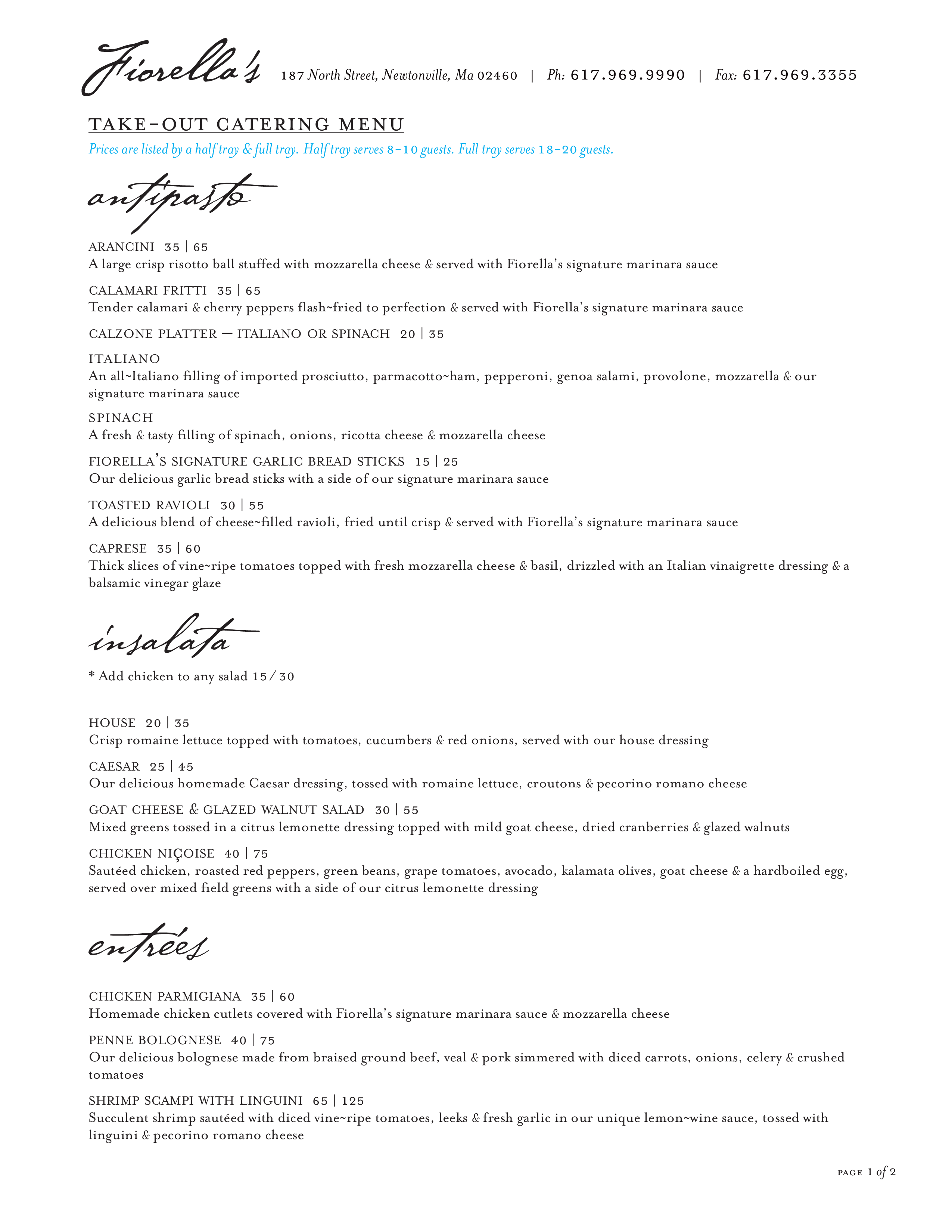 Menu at Fiorella's Cucina pizzeria, Newton
