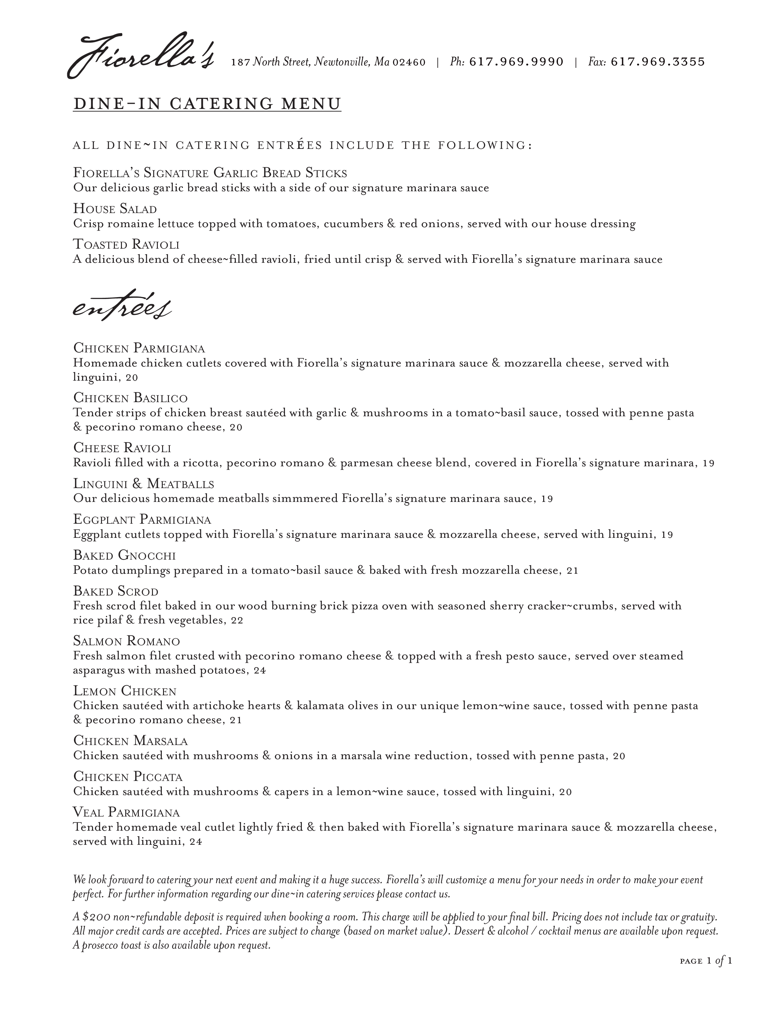 Menu at Fiorella's Cucina pizzeria, Newton