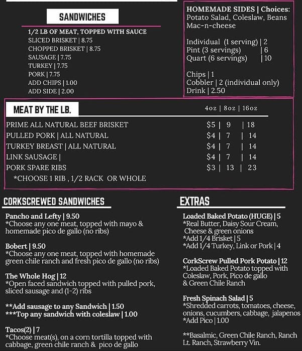 Corkscrew BBQ Menu, Menu de Corkscrew BBQ, Spring, Houston Urbanspoon