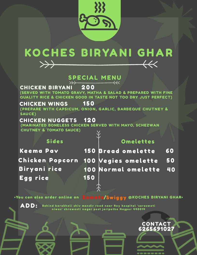 Menu at Koche's Biryani Ghar, Nagpur, Saraswati Niwas