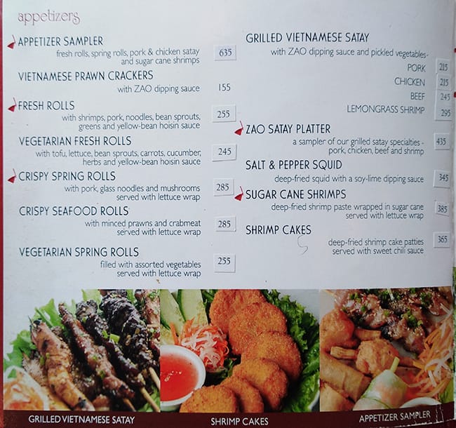 Menu at Zao restaurant, San Juan
