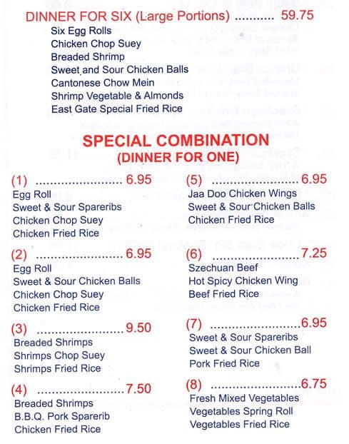 Menu de East Gate Chinese Restaurant