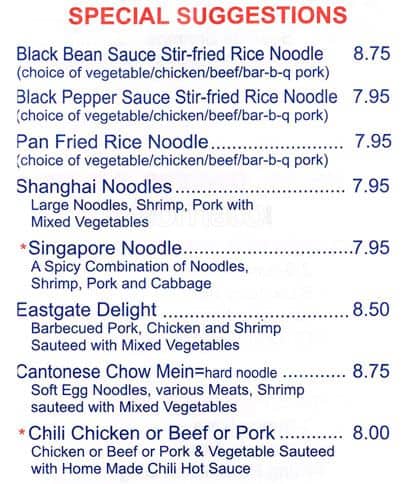 Menu de East Gate Chinese Restaurant
