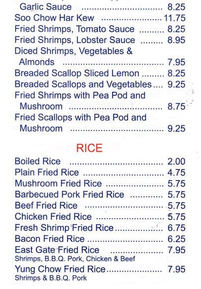 Menu de East Gate Chinese Restaurant