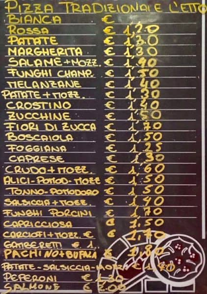 Menu di Paladoro Pizzeria A TAGLIO 