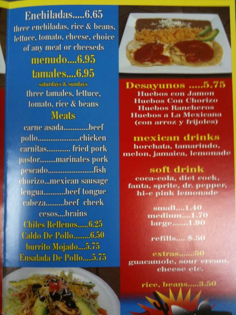 Menu at Tacos San Pedro restaurant, Oklahoma City