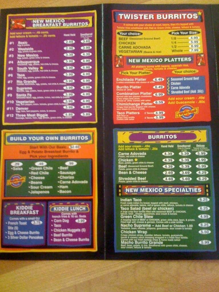 Twisters Menu, Menu untuk Twisters, Northeast Heights, Albuquerque