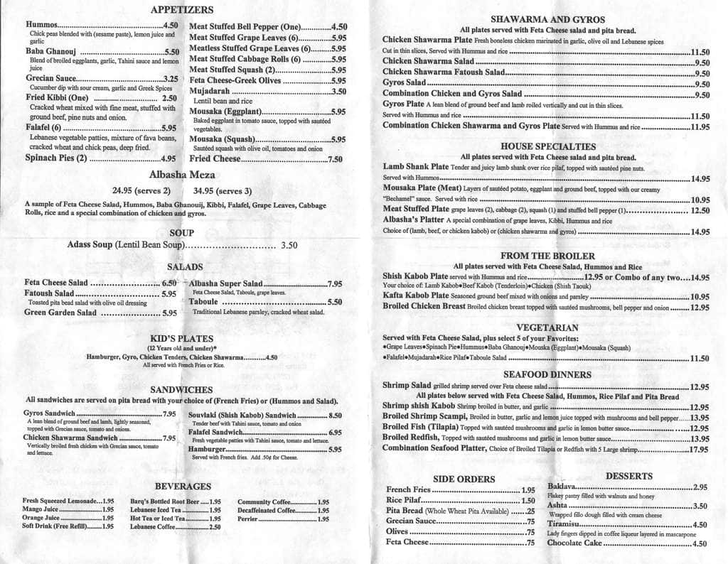 Menu at Albasha Greek & Lebanese Restaurant, Baton Rouge, S Sherwood