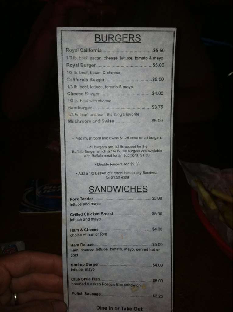 Menu at Royal Bar, Park Rapids