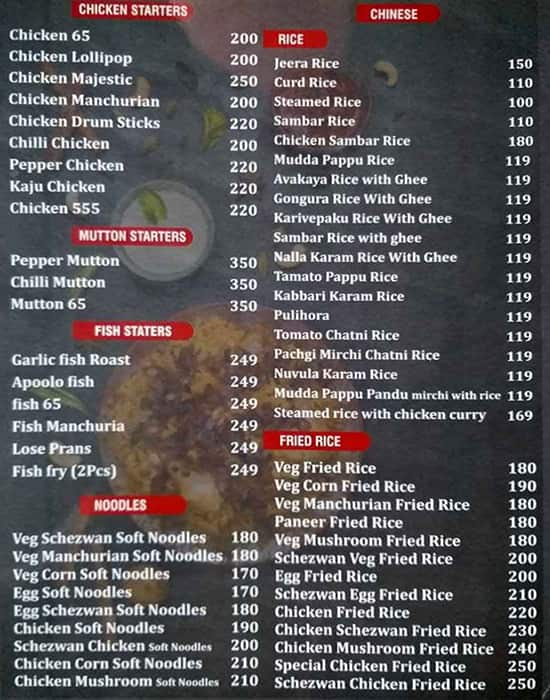 Menu of Raju Gari Vantillu, Kukatpally, Hyderabad