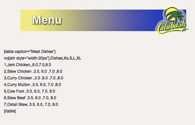 Calabash menu
