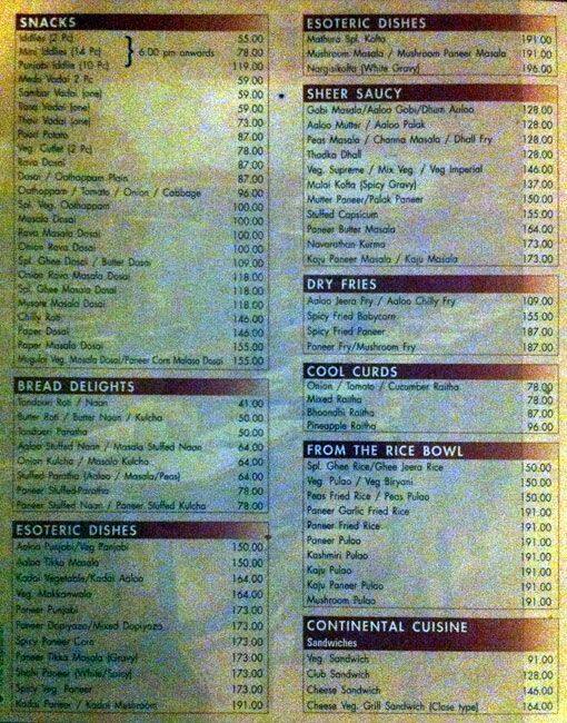 Mathura Restaurant menu, Menu restauracji Mathura Restaurant