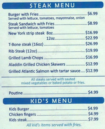 Aladdin Sweets & Grill menu