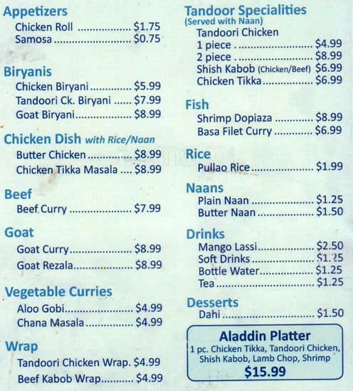 Aladdin Sweets & Grill menu