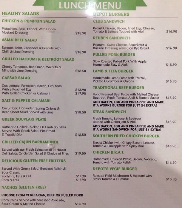 Menu at Coffee Depot restaurant, Brisbane City, 33 Charlotte St