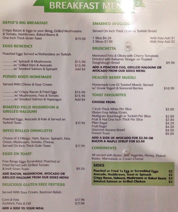 Menu at Coffee Depot restaurant, Brisbane City, 33 Charlotte St