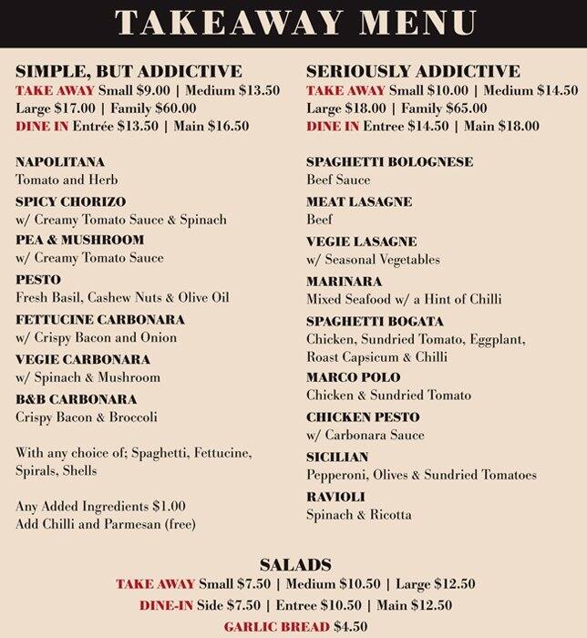 Pasta Addiction Menu, Menu for Pasta Addiction, Fremantle, Perth