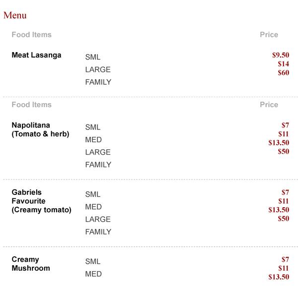 Pasta Addiction Menu, Menu for Pasta Addiction, Fremantle, Perth