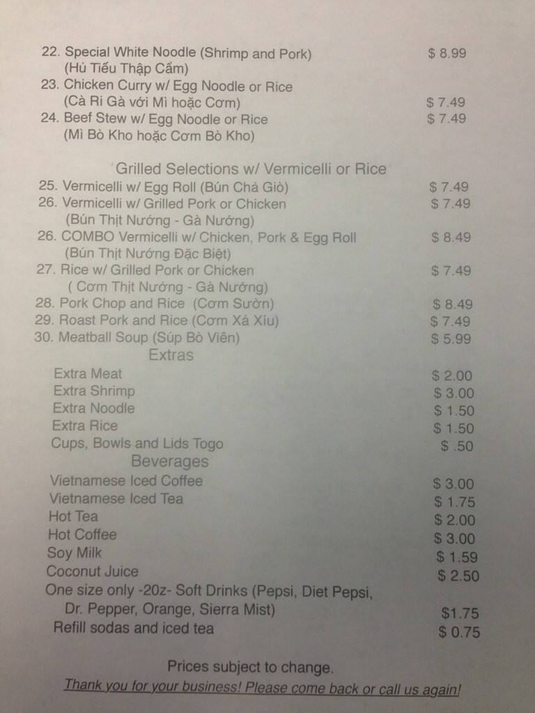 Menu at Pho Dalat restaurant, Chesapeake