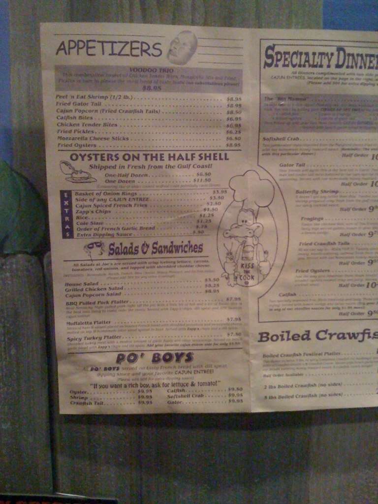 Joe's OK Bayou Menu, Menu for Joe's OK Bayou, New Albany, Louisville