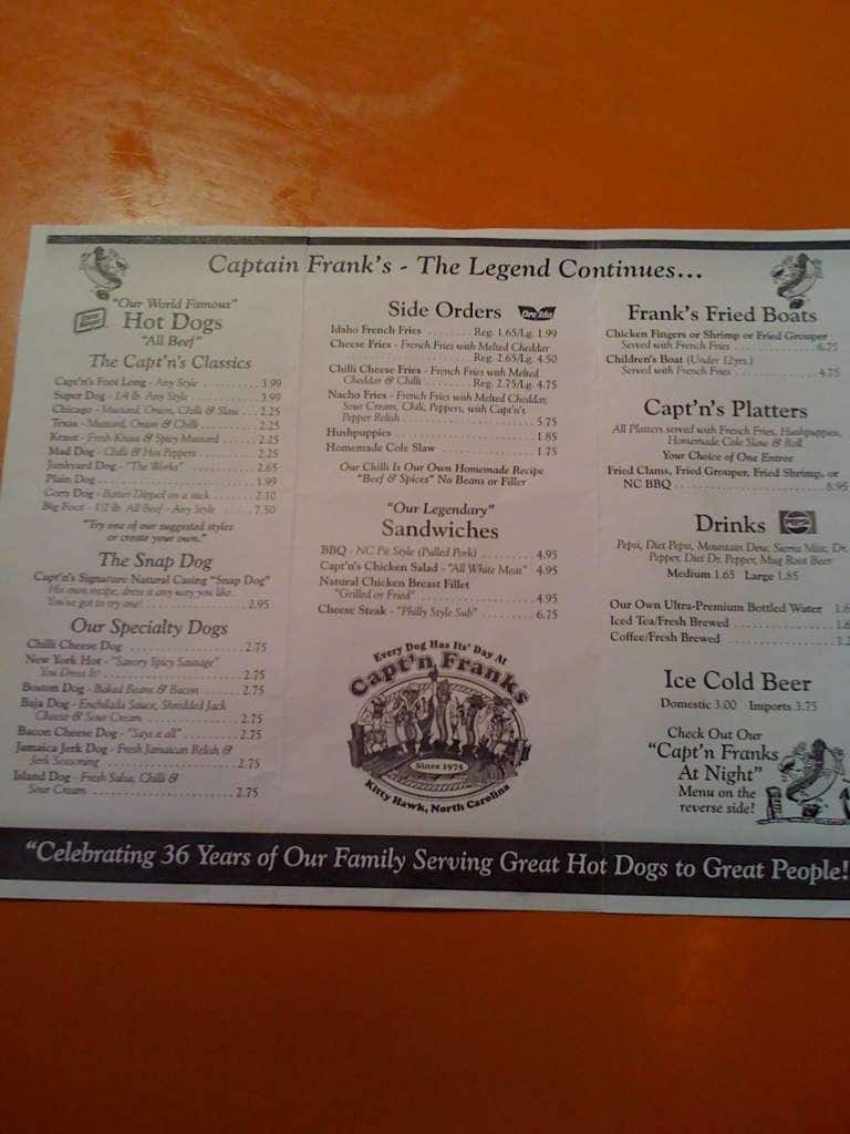 Capt'n Franks Menu, Menu for Capt'n Franks, Kitty Hawk, Kitty Hawk