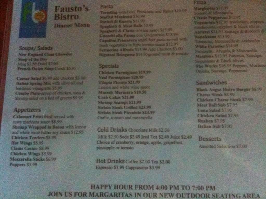 Menu at Fausto's Antipasti restaurant, Ocean City