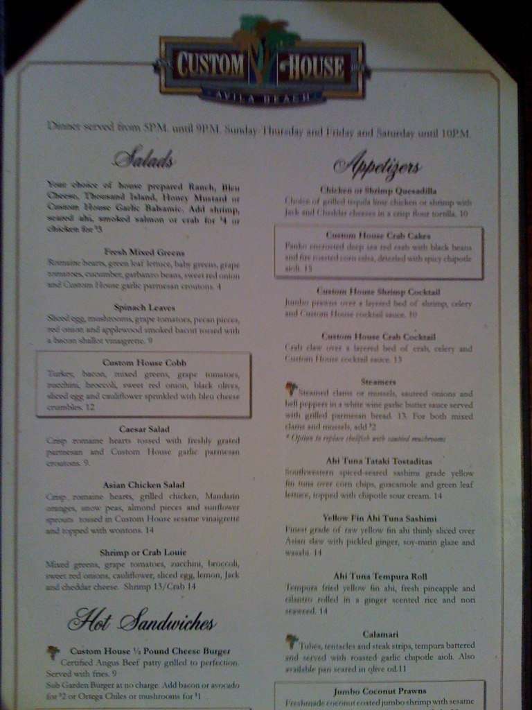 Custom House Menu