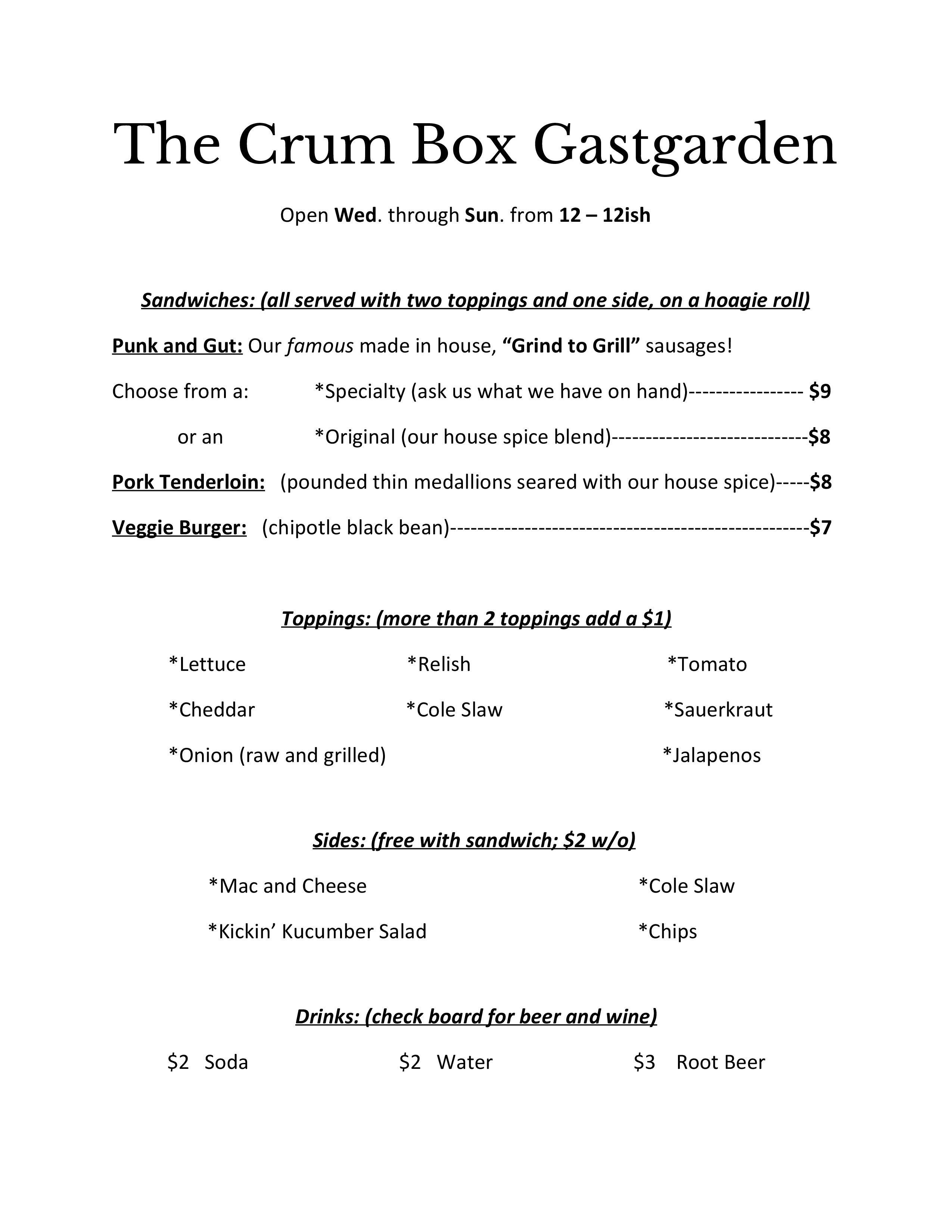 Menu at The Crum Box Gastgarden pub & bar, Tallahassee