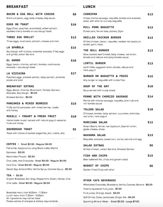 Bull & Bear Menu, Menu de Bull & Bear, Wollongong, Wollongong