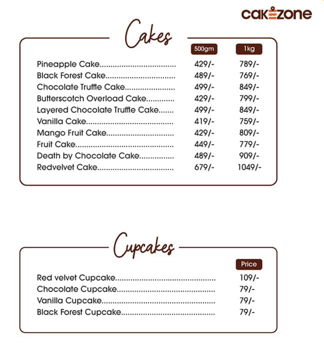 Cake zone menu