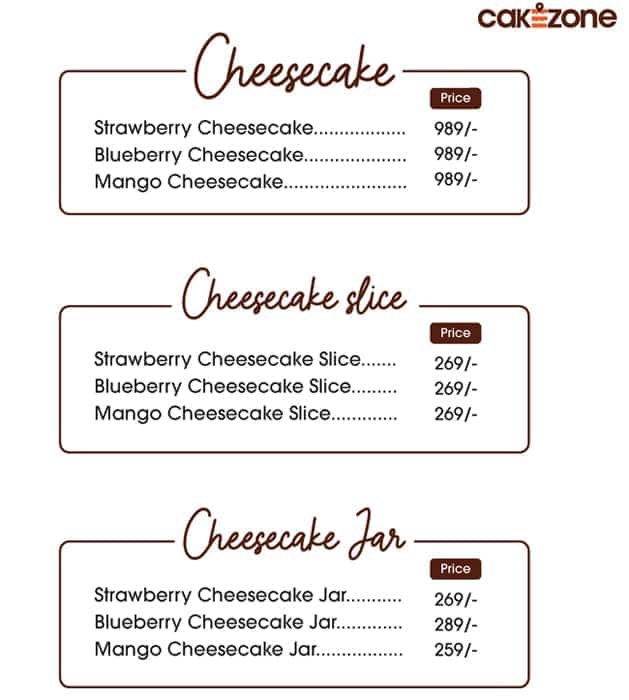 Cake zone menu