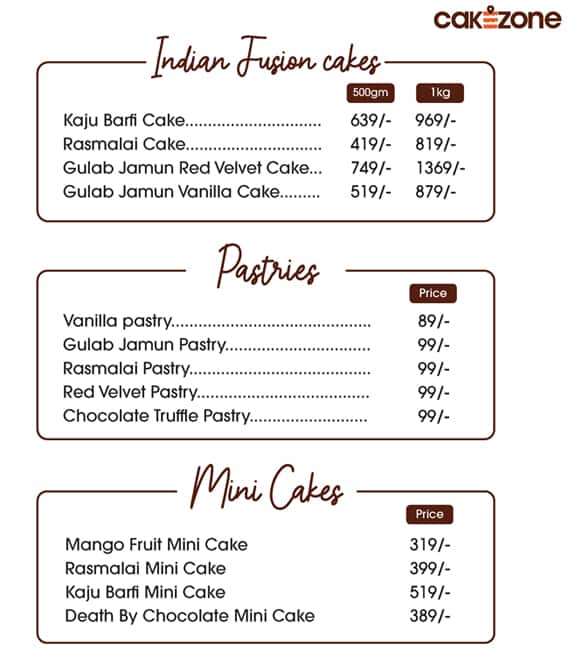 Cake zone menu