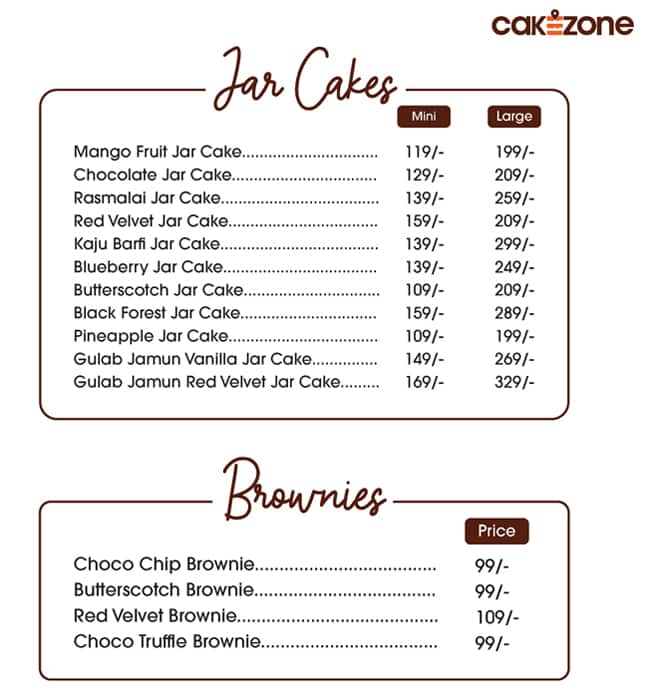 Cake zone menu
