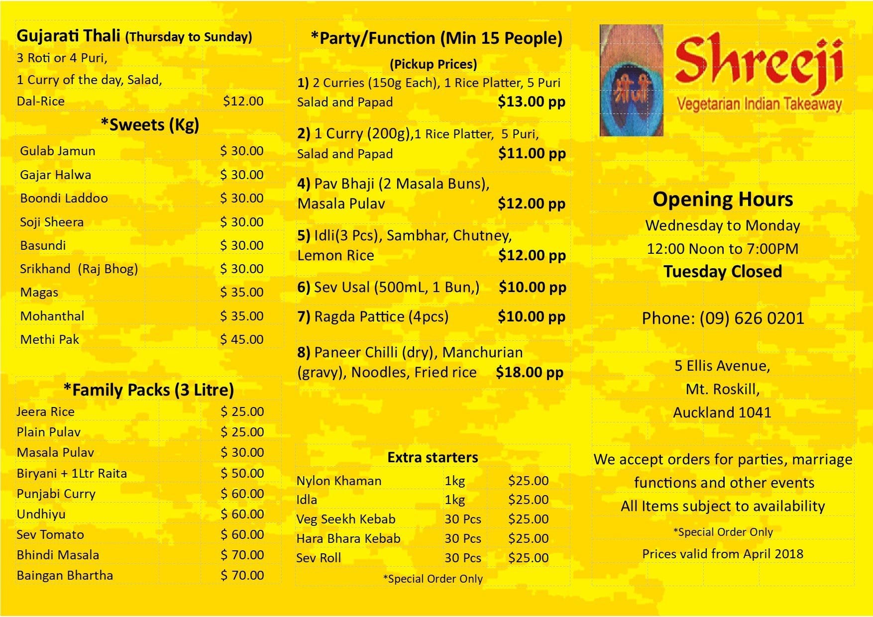 Menu at Shreeji Indian Vegetarian Takeaway restaurant, Auckland