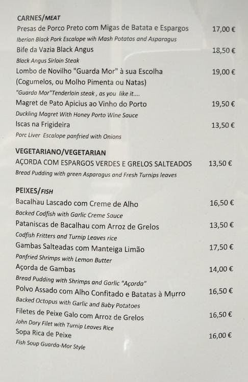 Menu at SUL Osteria Do Povo restaurant, Lisbon