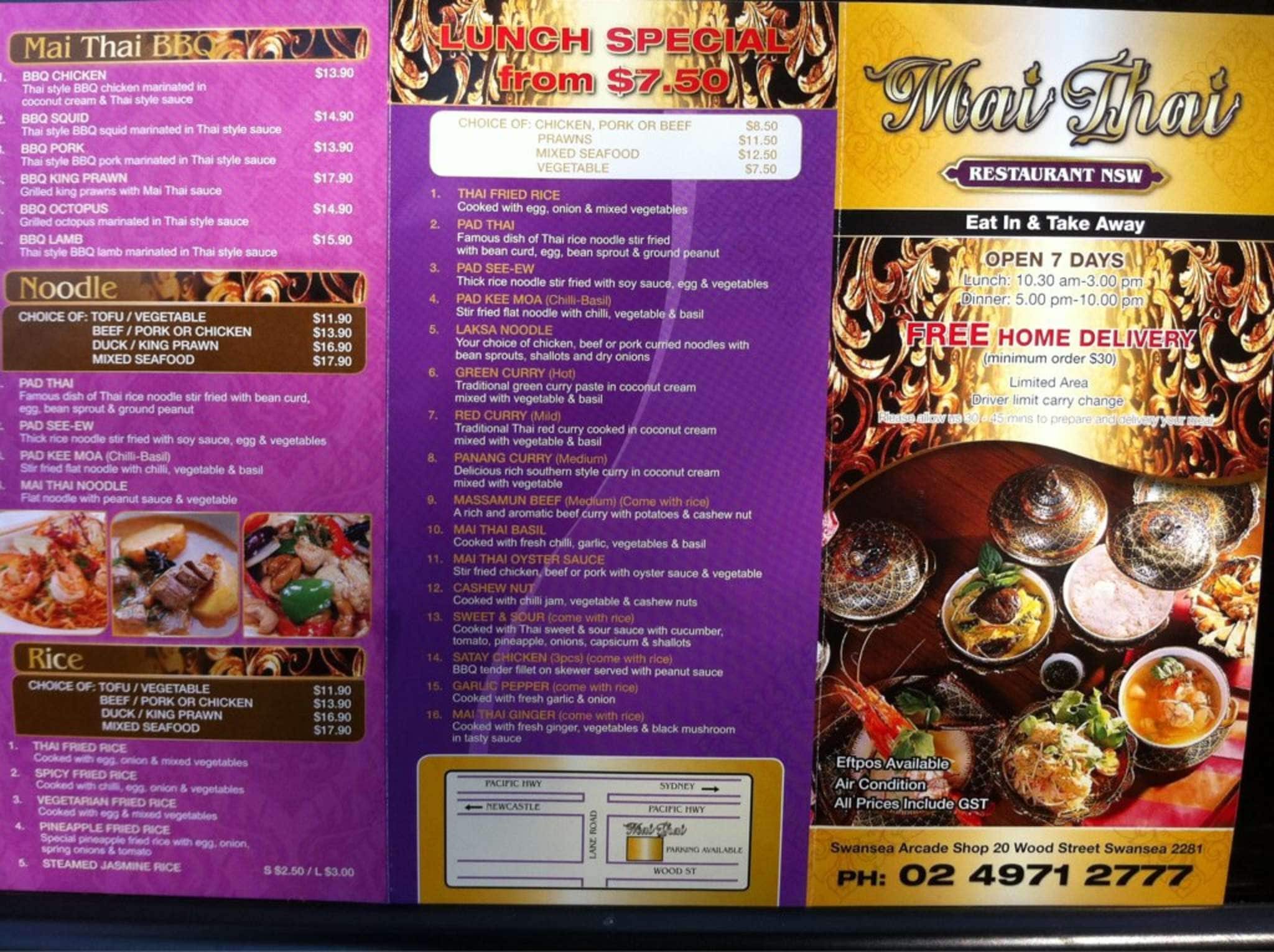 Menu at Mai Thai restaurant, Swansea
