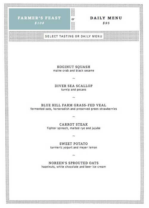 Menu at Blue Hill restaurant, New York City, 75 Washington Pl