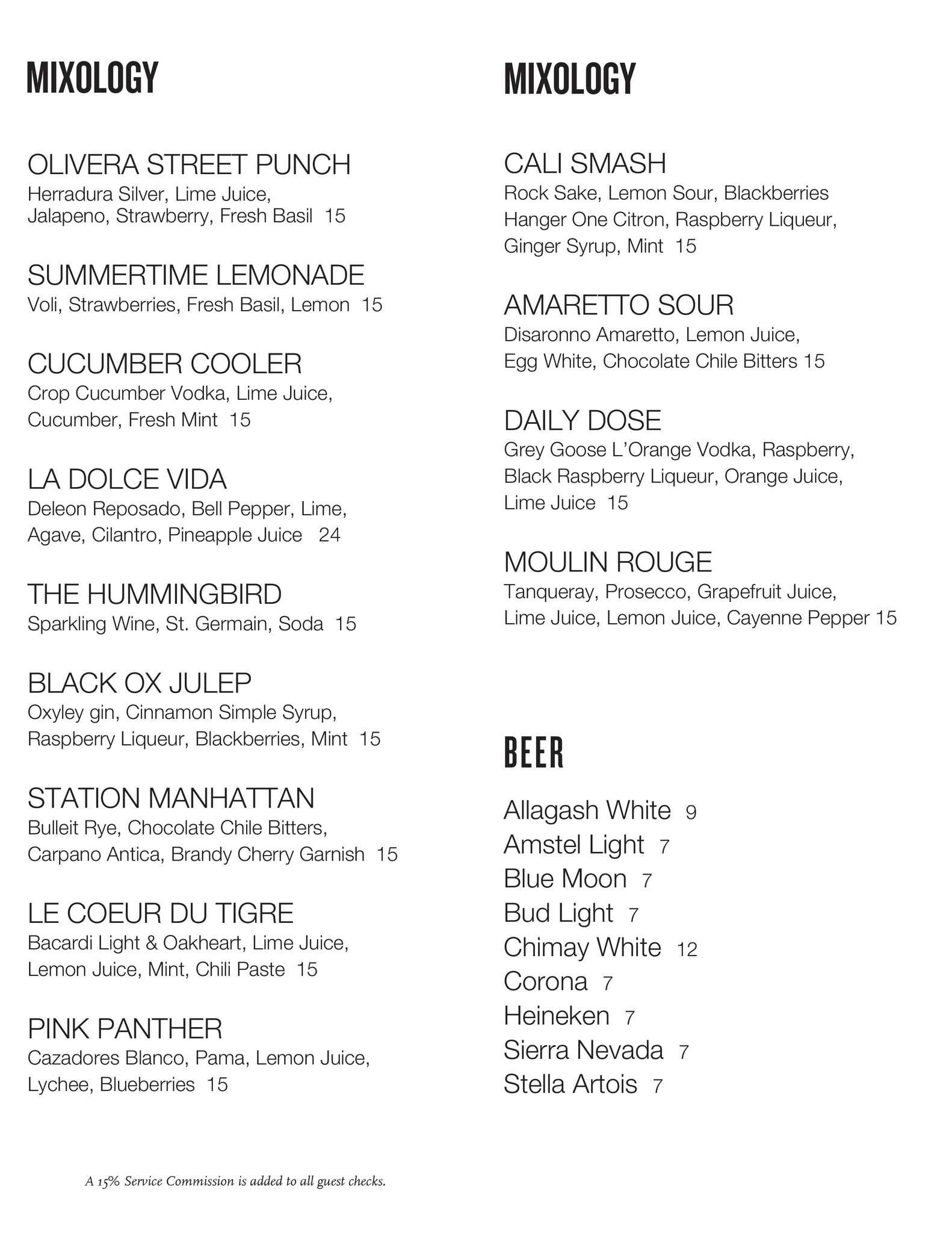 Station Hollywood Menu, Menu for 