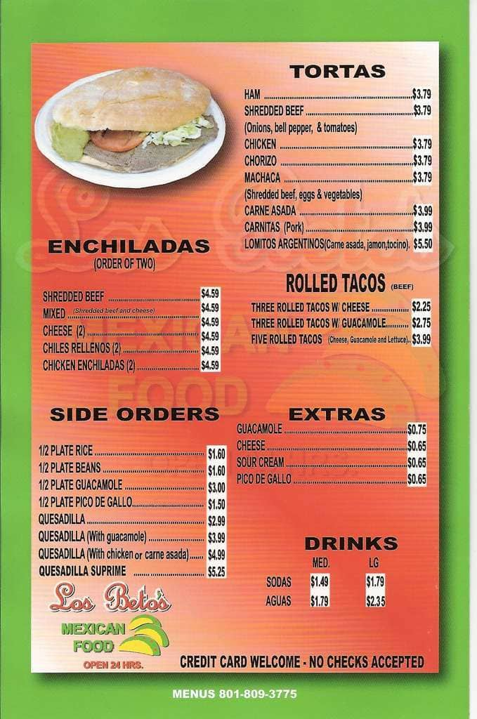 Menu at Los Betos restaurant, Nampa, N Idaho Center Blvd