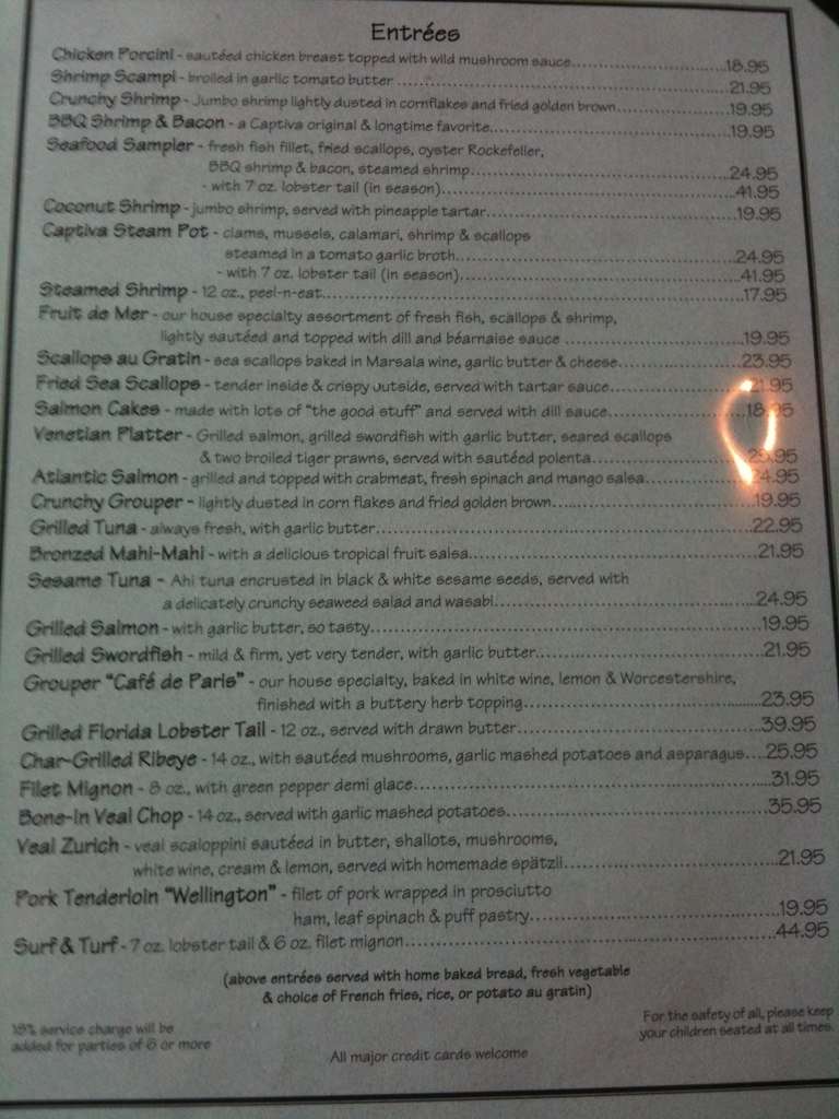 The Green Flash Menu, Menu for The Green Flash, Captiva, Fort Myers