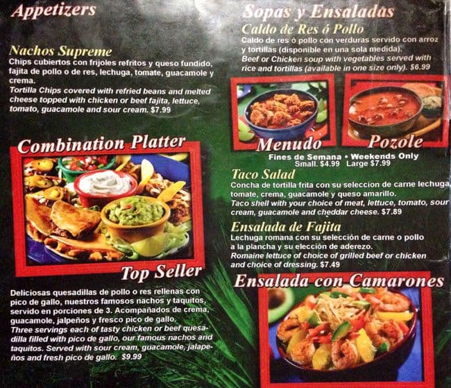 Menu at Taqueria Arandas restaurant, Irving, W Airport Fwy