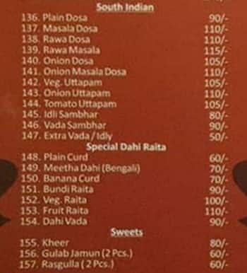 Menu At Rajasthani Thali Wala Jaipur