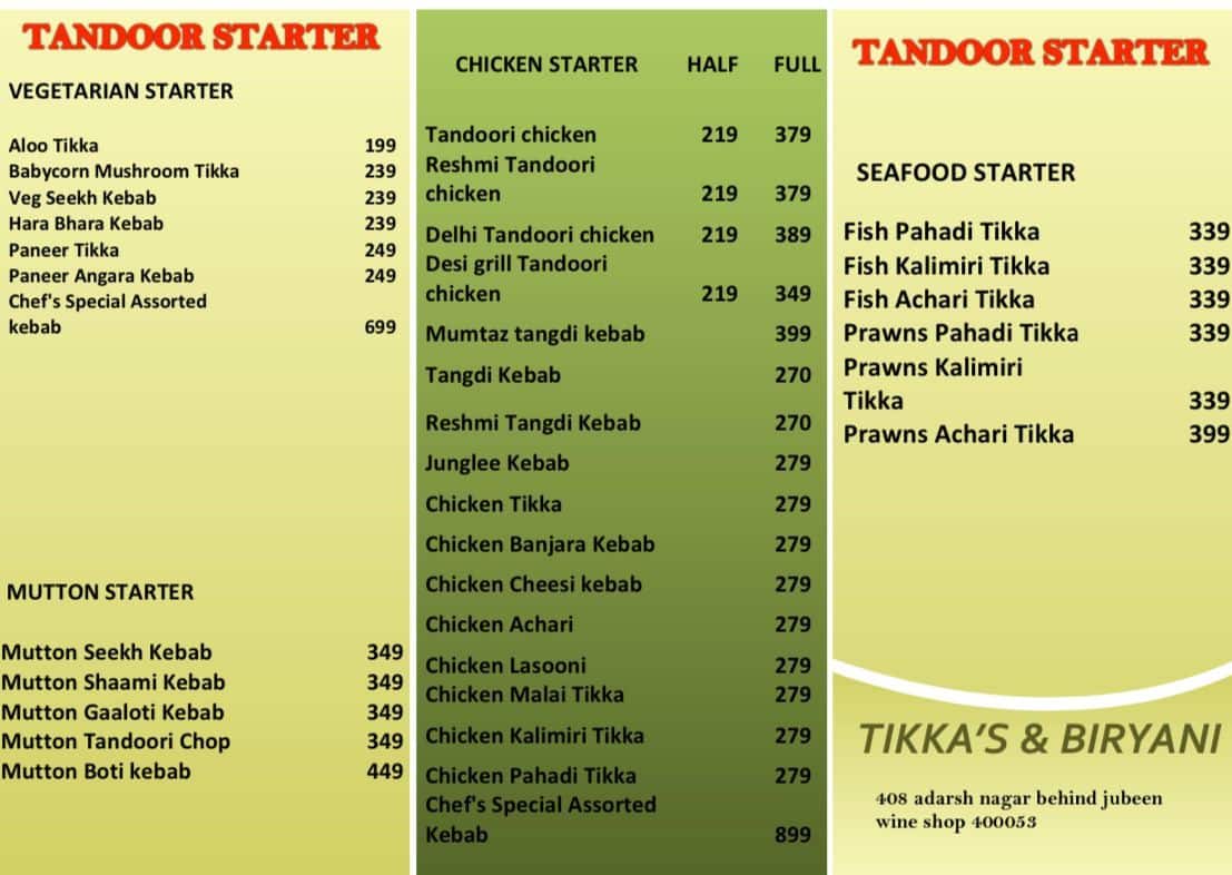 Menu of Tikka's & Biryani, Vikhroli, Mumbai