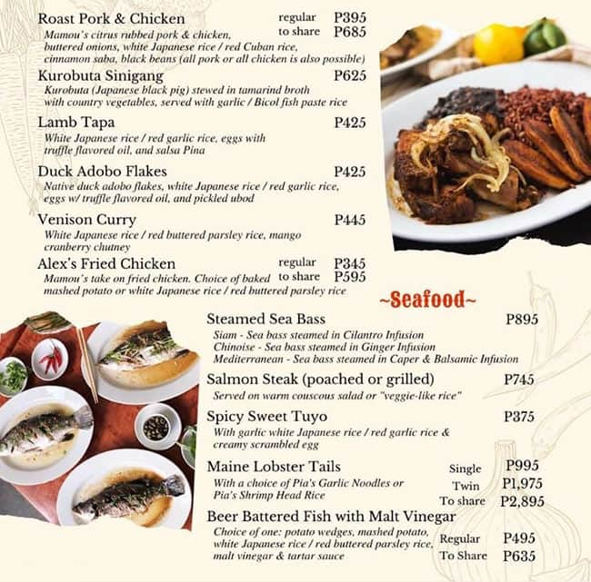 Menu at Mamou's steakhouse, Makati