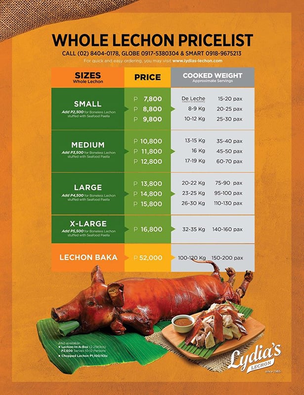 Menu at Lydia's Lechon restaurant, Manila, L/G SM City San Lazaro