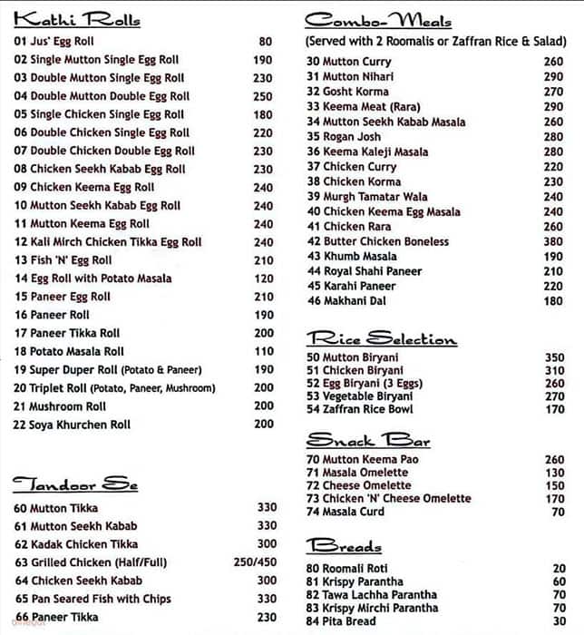 Nizam's Kathi Kabab menu
