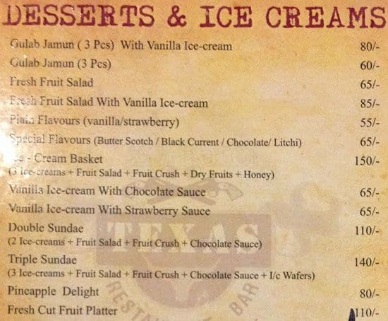 Texas Restaurant & Bar menu