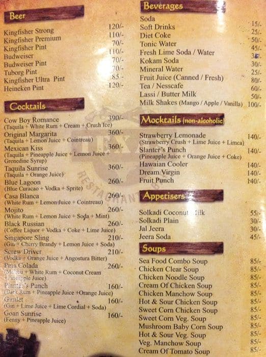 Texas Restaurant & Bar menu